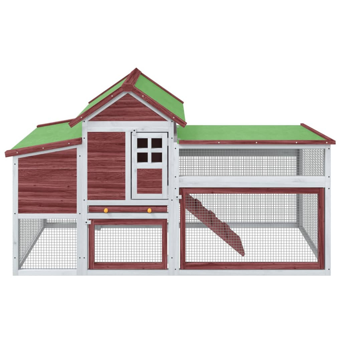 Roter und weißer Hühnerstall aus Holz mit grünem Dach. Hat Drahtgeflecht und eine Rampe.