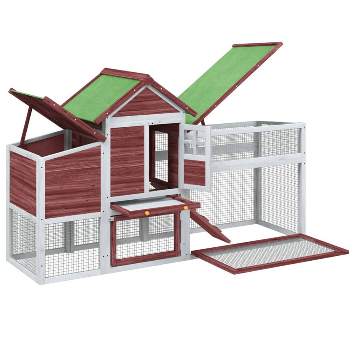 Hühnerstall aus Holz mit grünem Dach und weißem Drahtgeflecht.