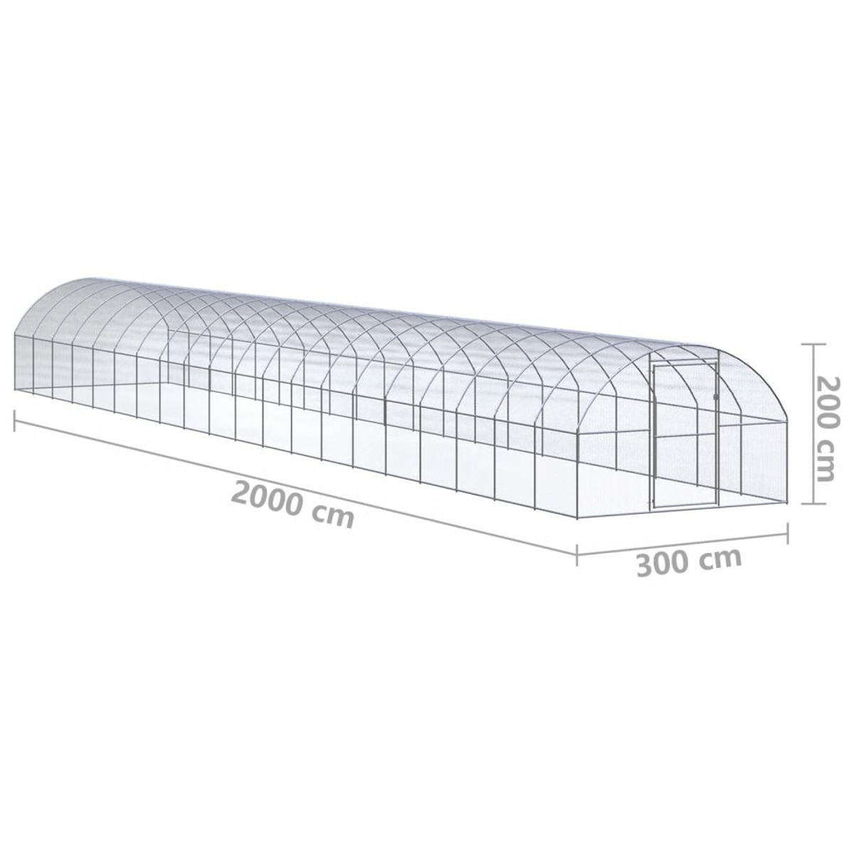 Großes Gewächshaus. Transparente Wände und eine Tür. Abmessungen in Zentimetern sind angegeben.