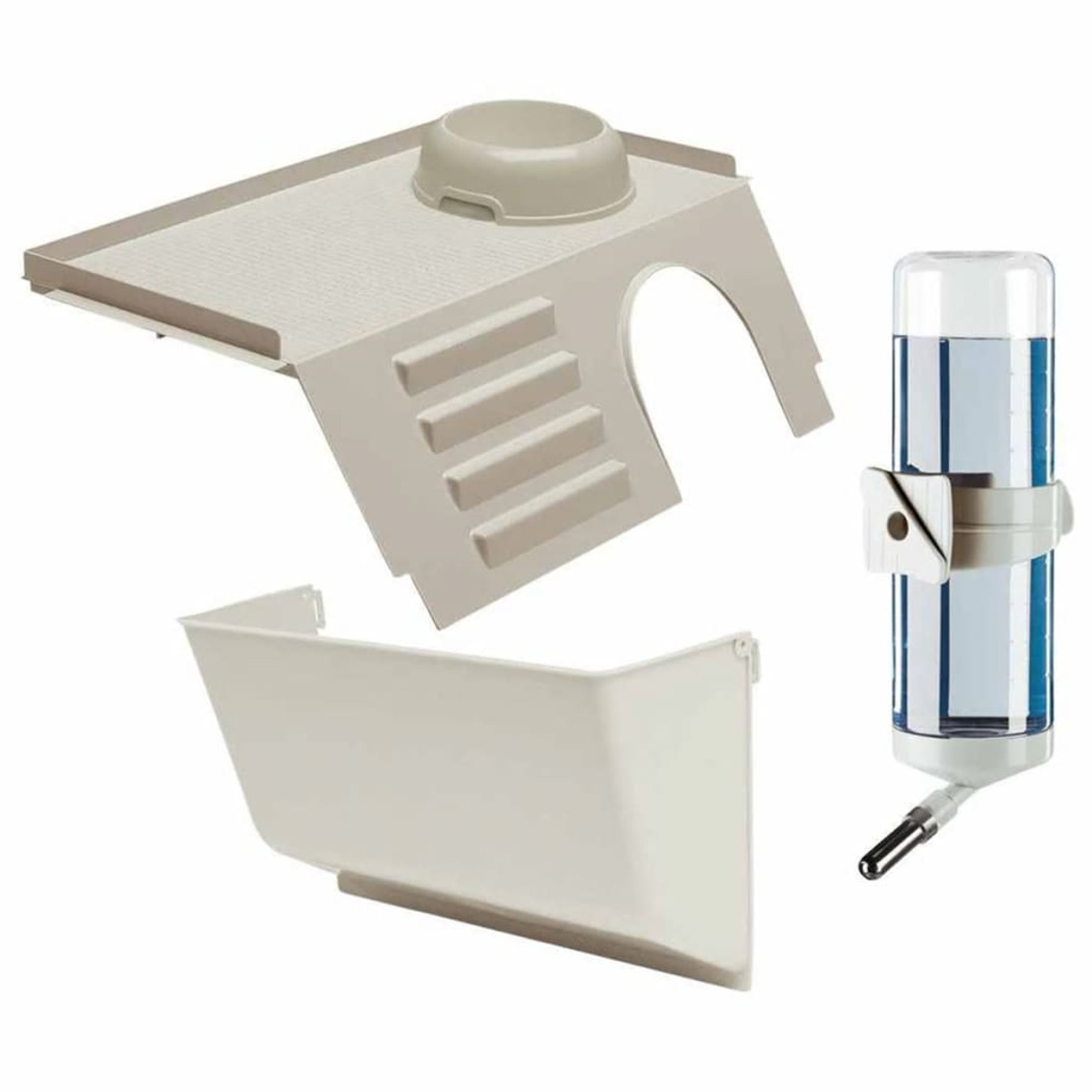 Zubehör für kleine Haustier-Habitate: eine Plattform, eine Schüssel, Treppen und eine Wasserflasche.
