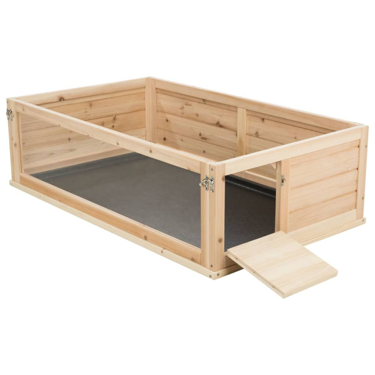 Rechteckiges Haustiergehege aus Holz mit Tür und Rampe. Schwarzer Boden.