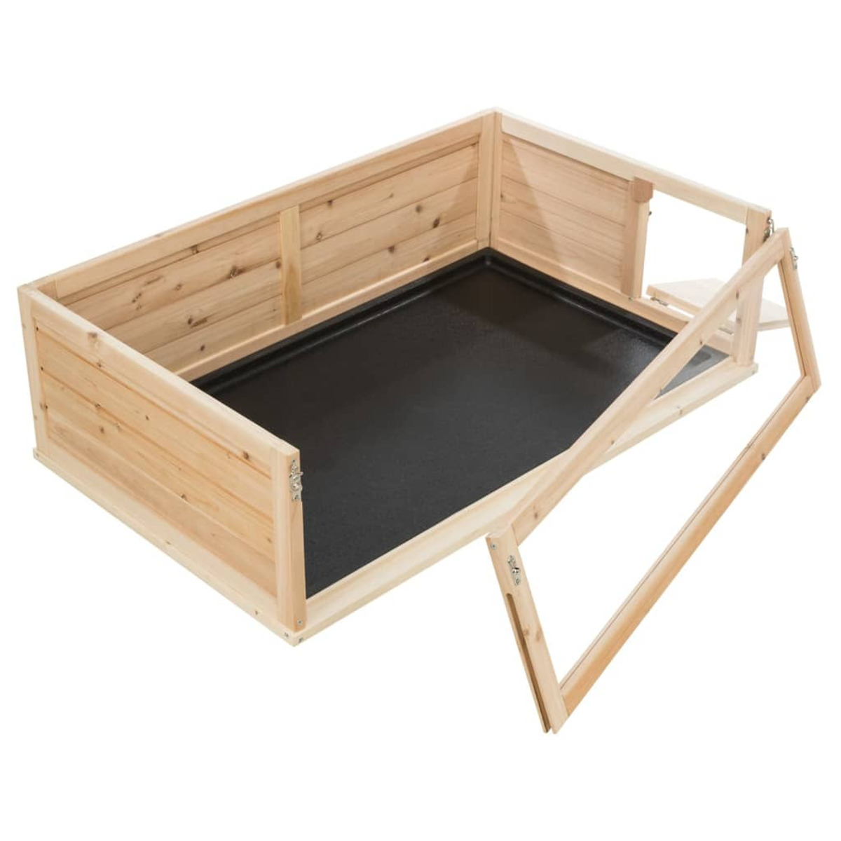 Hundebett aus Holz mit schwarzem Kunststoffboden. Rechteckig, offene Seiten.