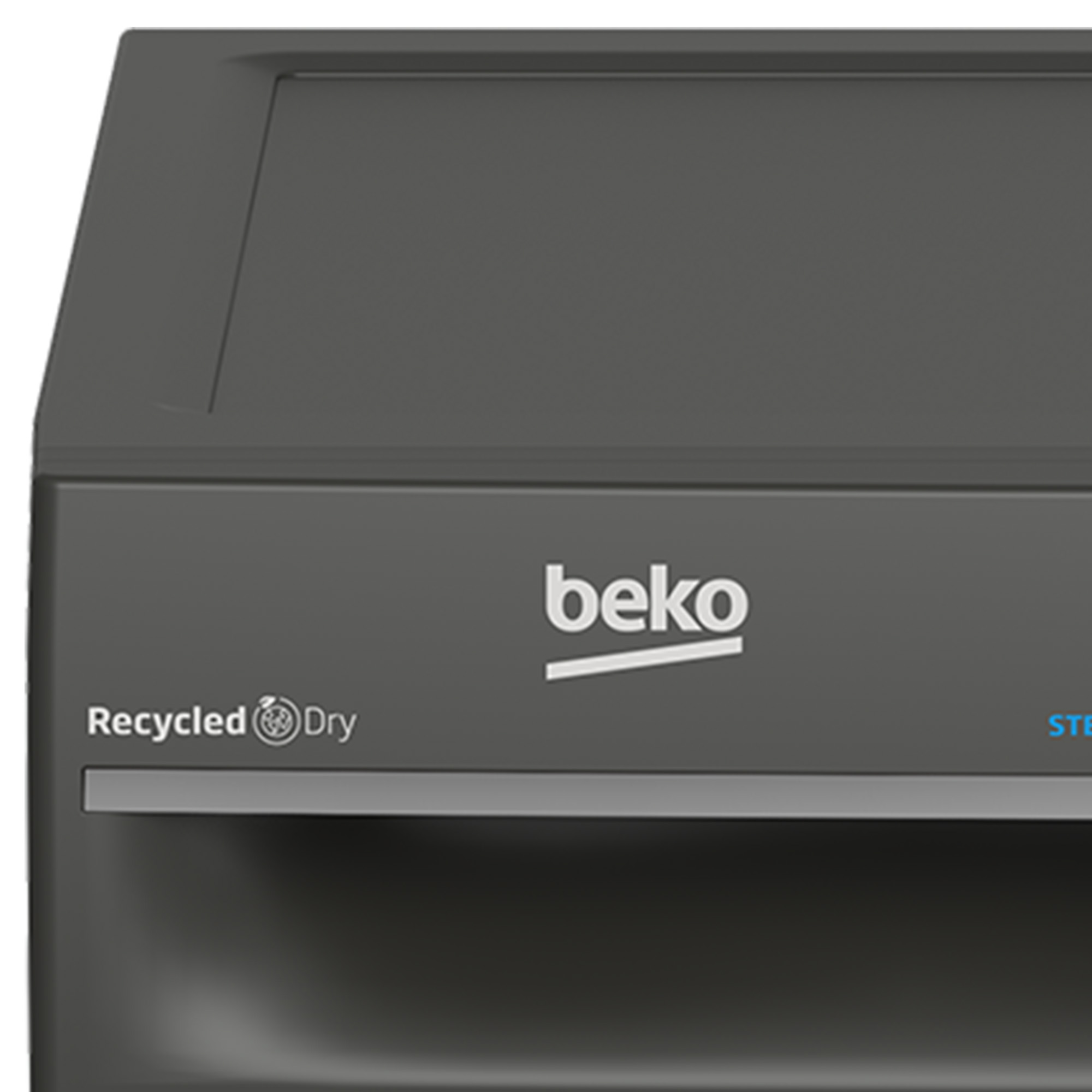 Nahaufnahme eines grauen Geräts mit dem Wort 'beko' und 'Recycled Dry'.