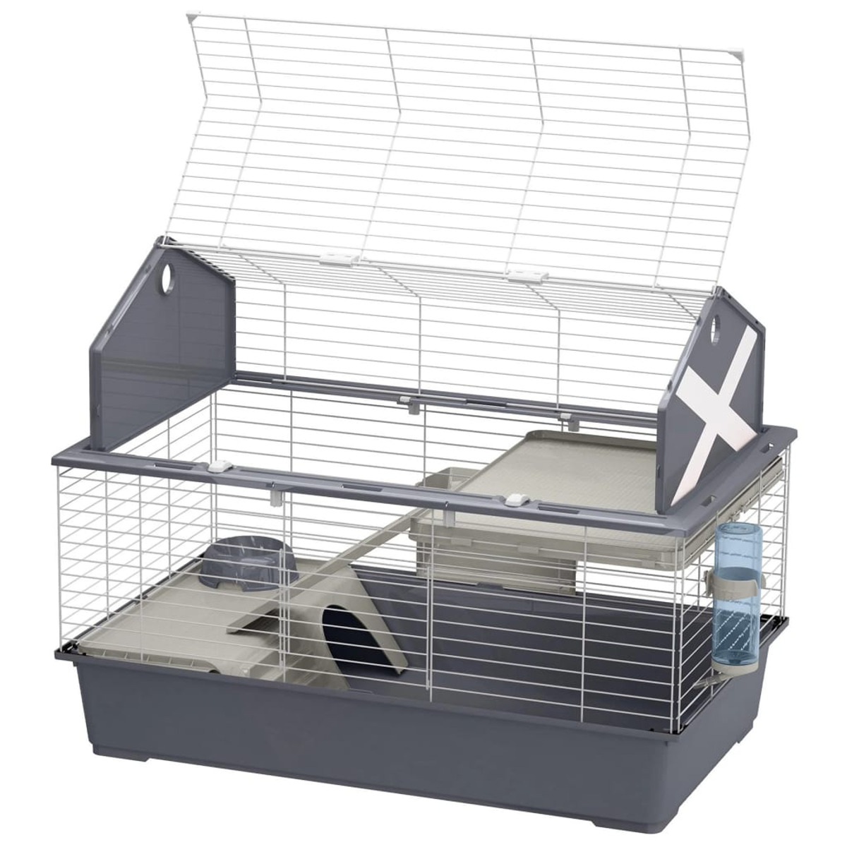 Jaula gris y blanca para mascotas pequeñas con parte superior abierta y accesorios. Contiene una casa, comedero, botella de agua y plataformas.