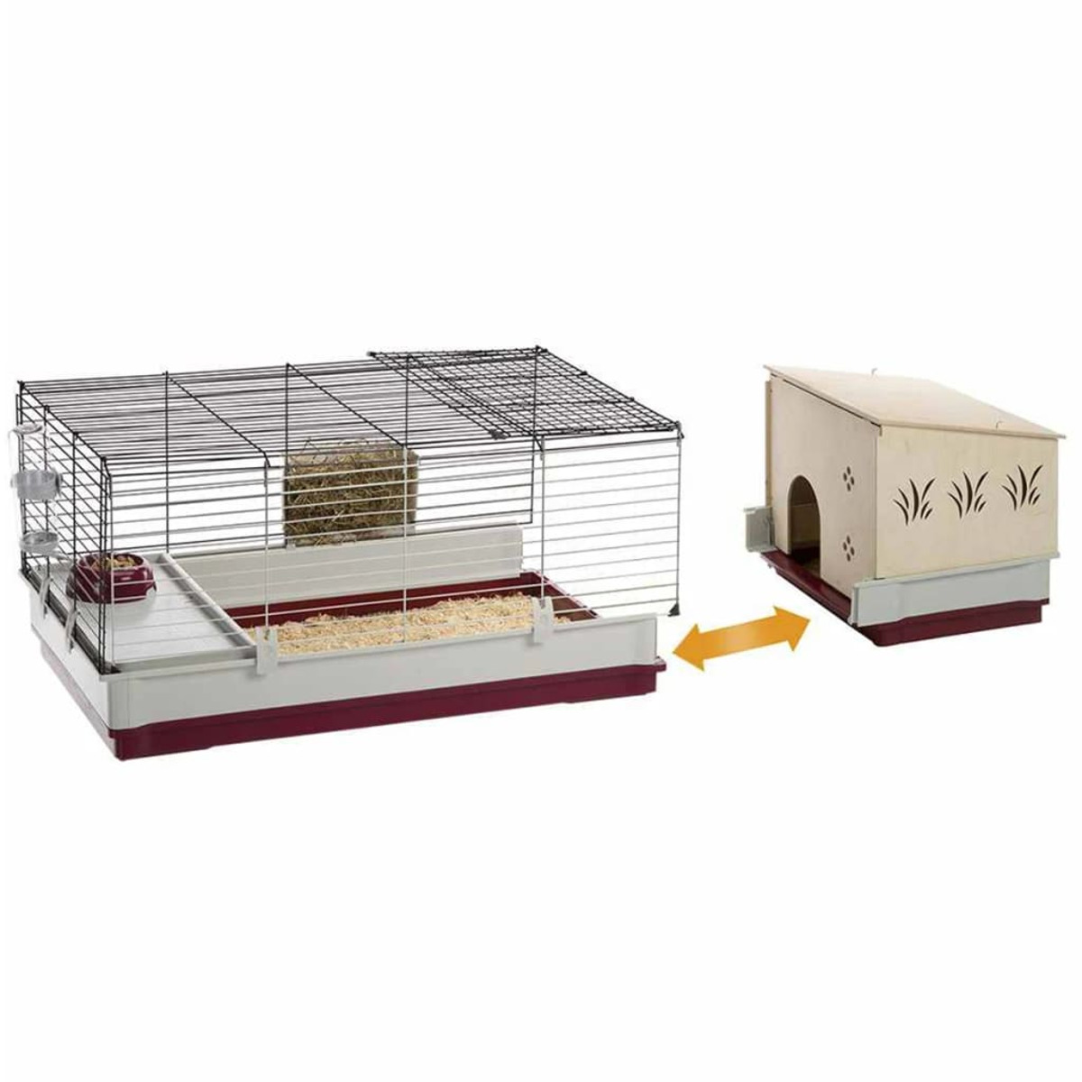 Conejera y casa. Jaula de alambre con heno. Pequeña casa de madera.