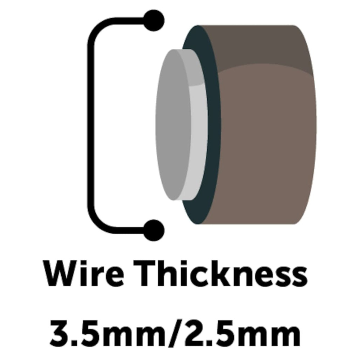 Diagramm zur Drahtstärke: 3,5 mm/2,5 mm mit Seitenansicht.