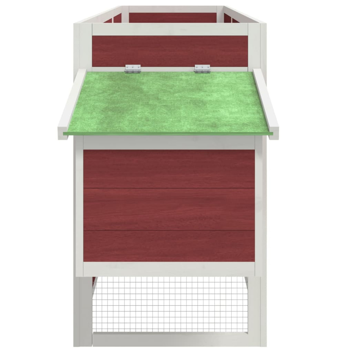Roter und weißer Hühnerstall aus Holz mit grünem Dach und Maschendrahtboden.