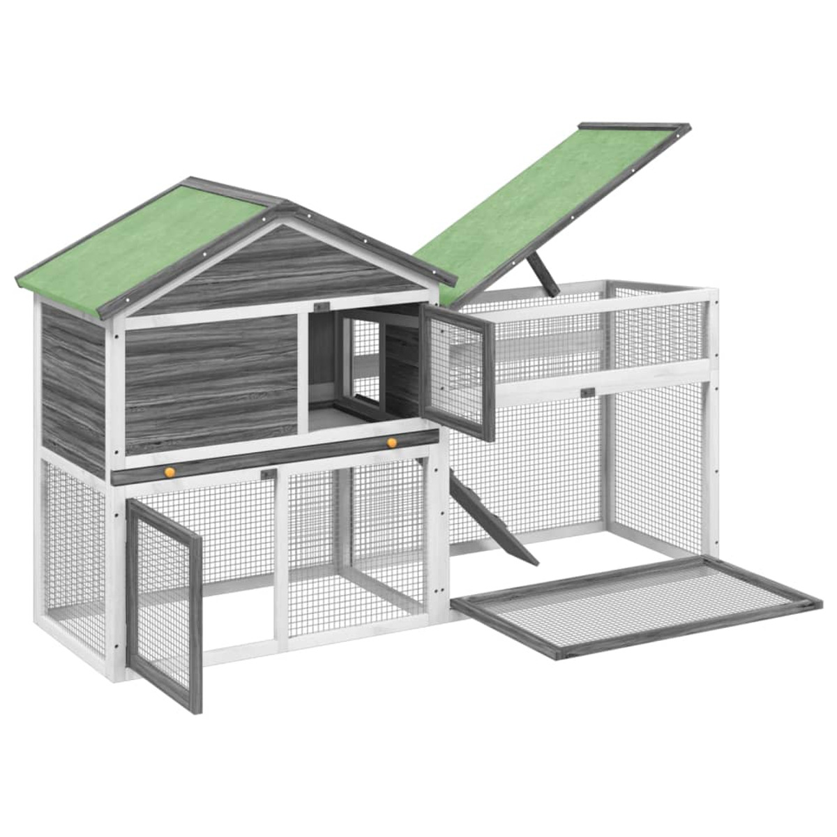 Kaninchenstall aus Holz mit grünem Dach, mehreren Öffnungen und Drahtgeflecht.