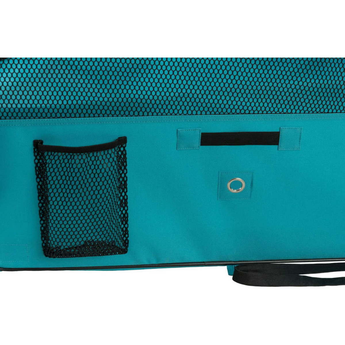 Türkisfarbener Aufbewahrungsbeutel-Innenraum mit Netztasche und schwarzem Gummiband. Weißer Hintergrund, Nahaufnahme.