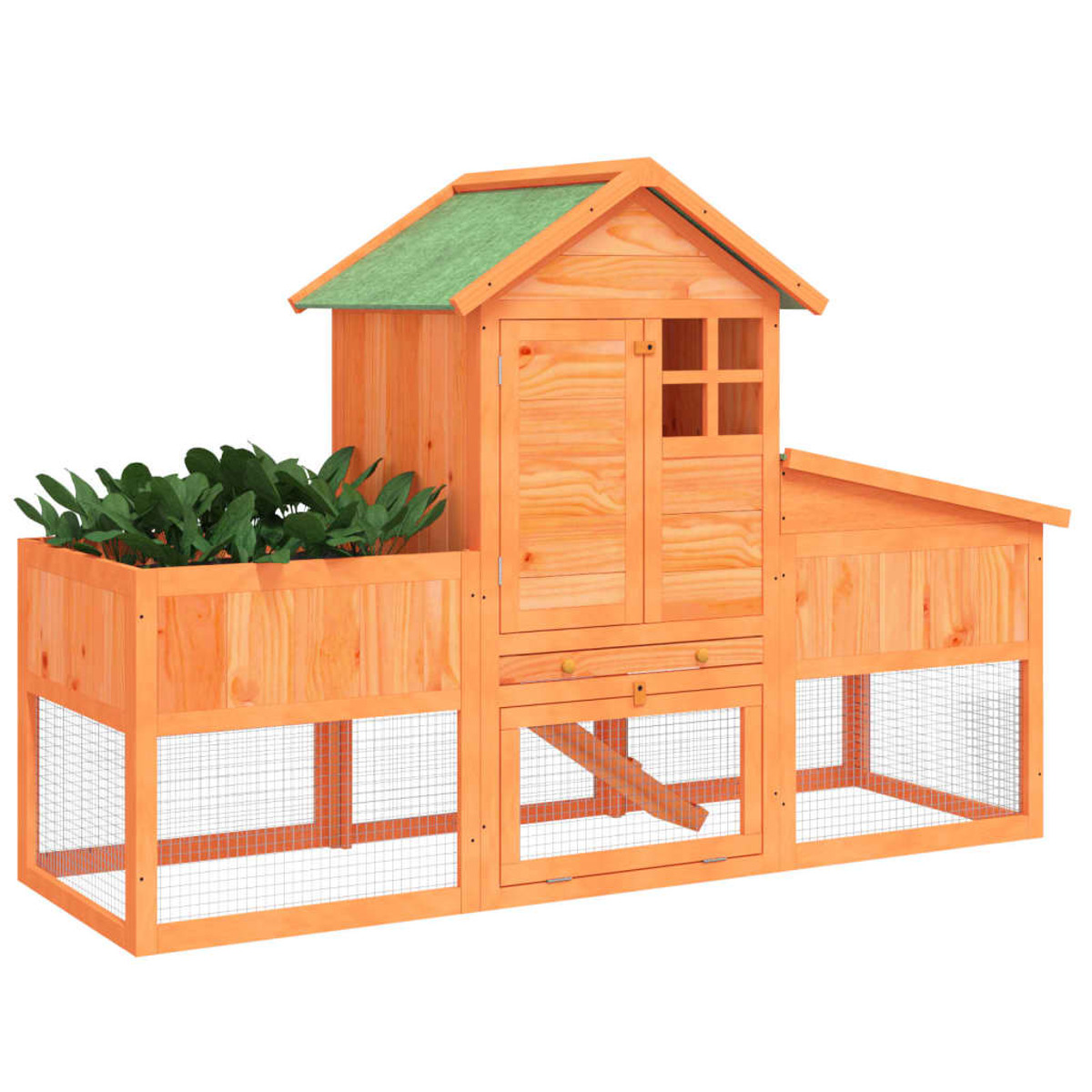 Hühnerstall aus Holz mit kleinem Haus, Auslauf und Pflanzkasten. Er ist neu.