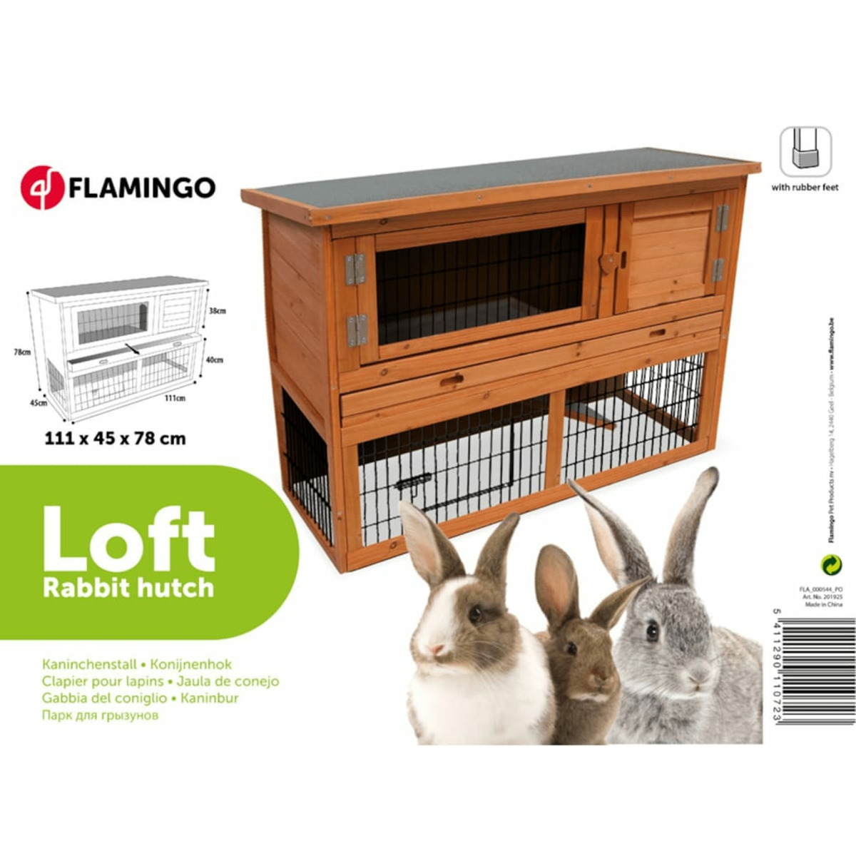 Ein Holzkäfig mit Kaninchen und Abmessungen, die an der Seite angezeigt werden.