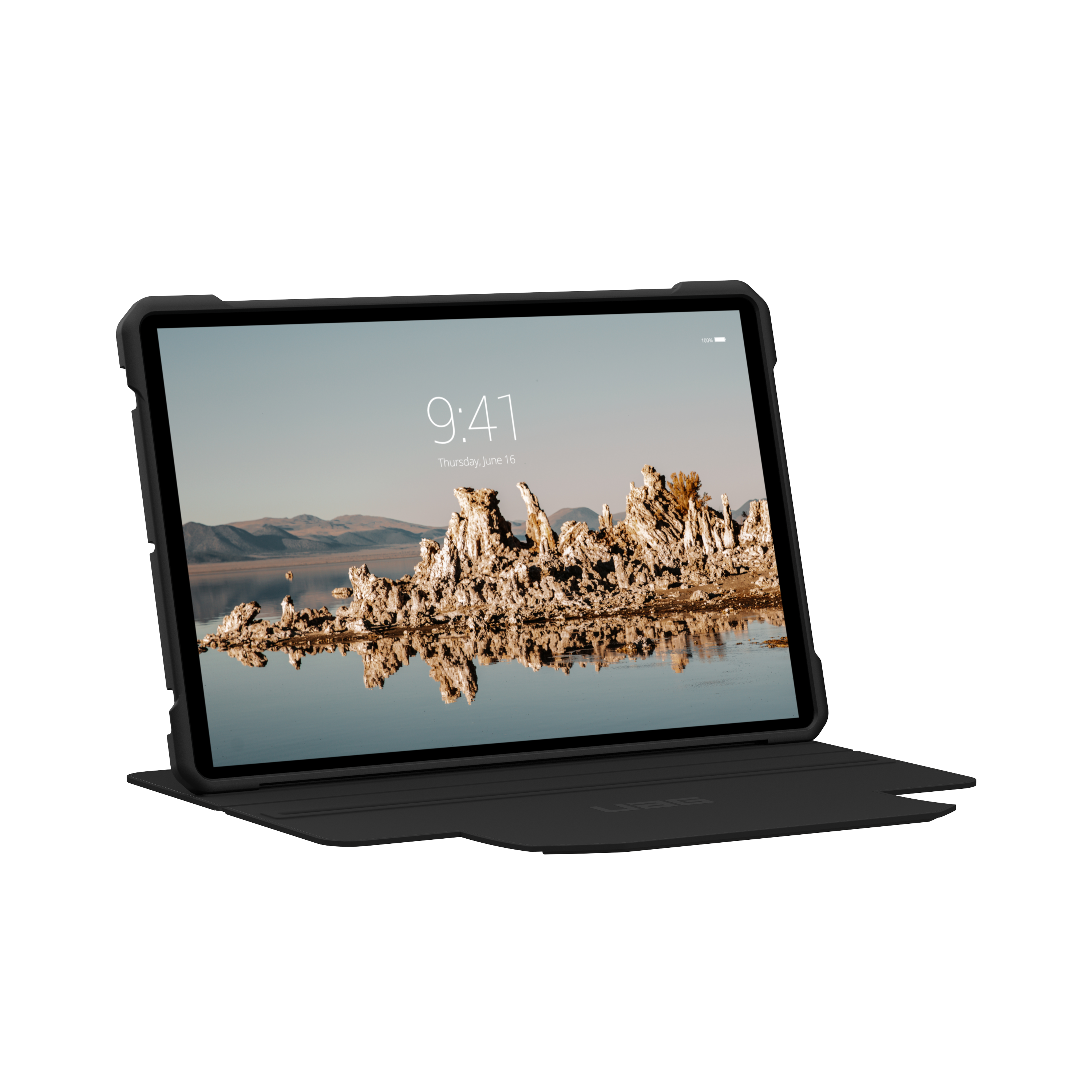 Tablet nero in custodia nera, che mostra un paesaggio.