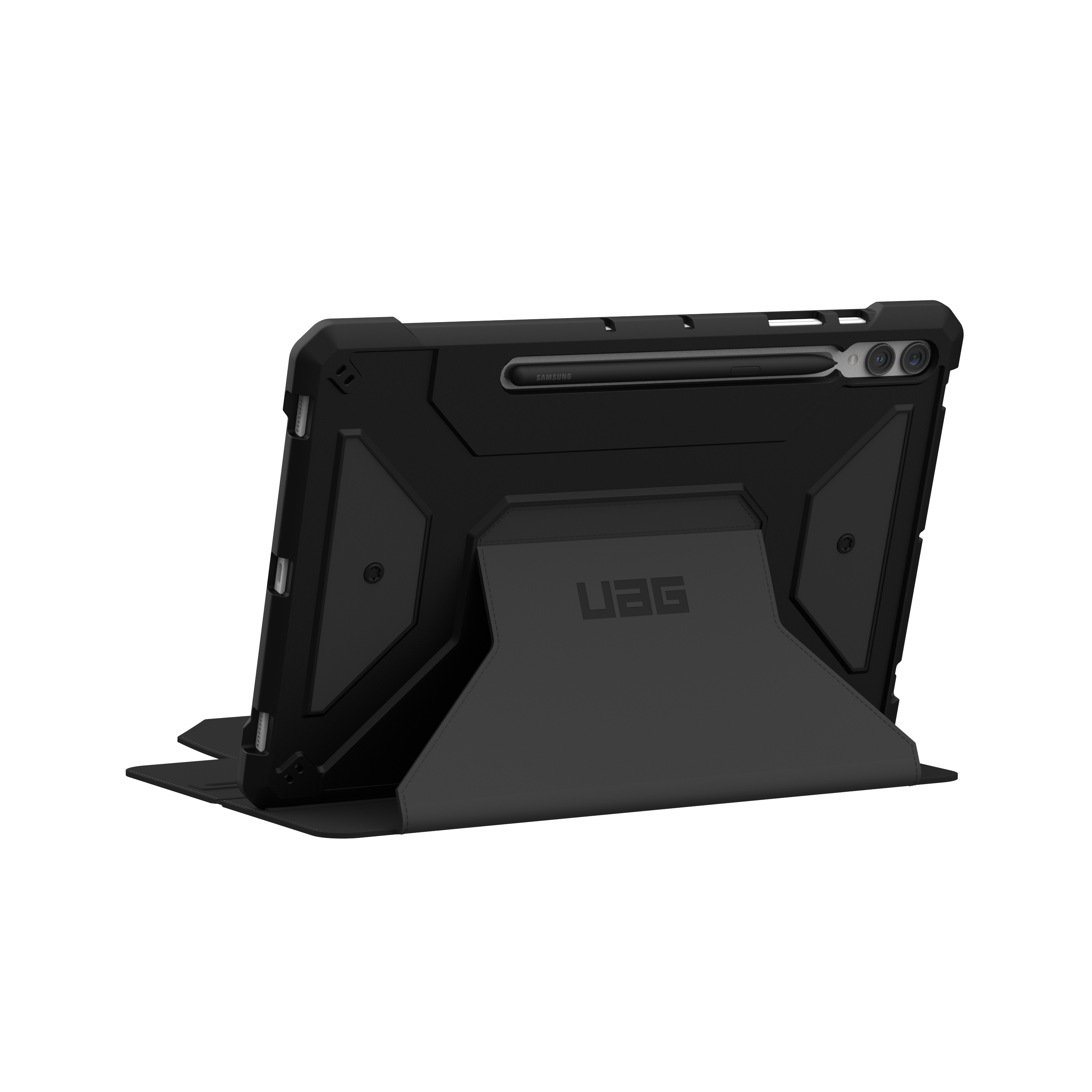 Custodia nera per tablet con supporto e penna.