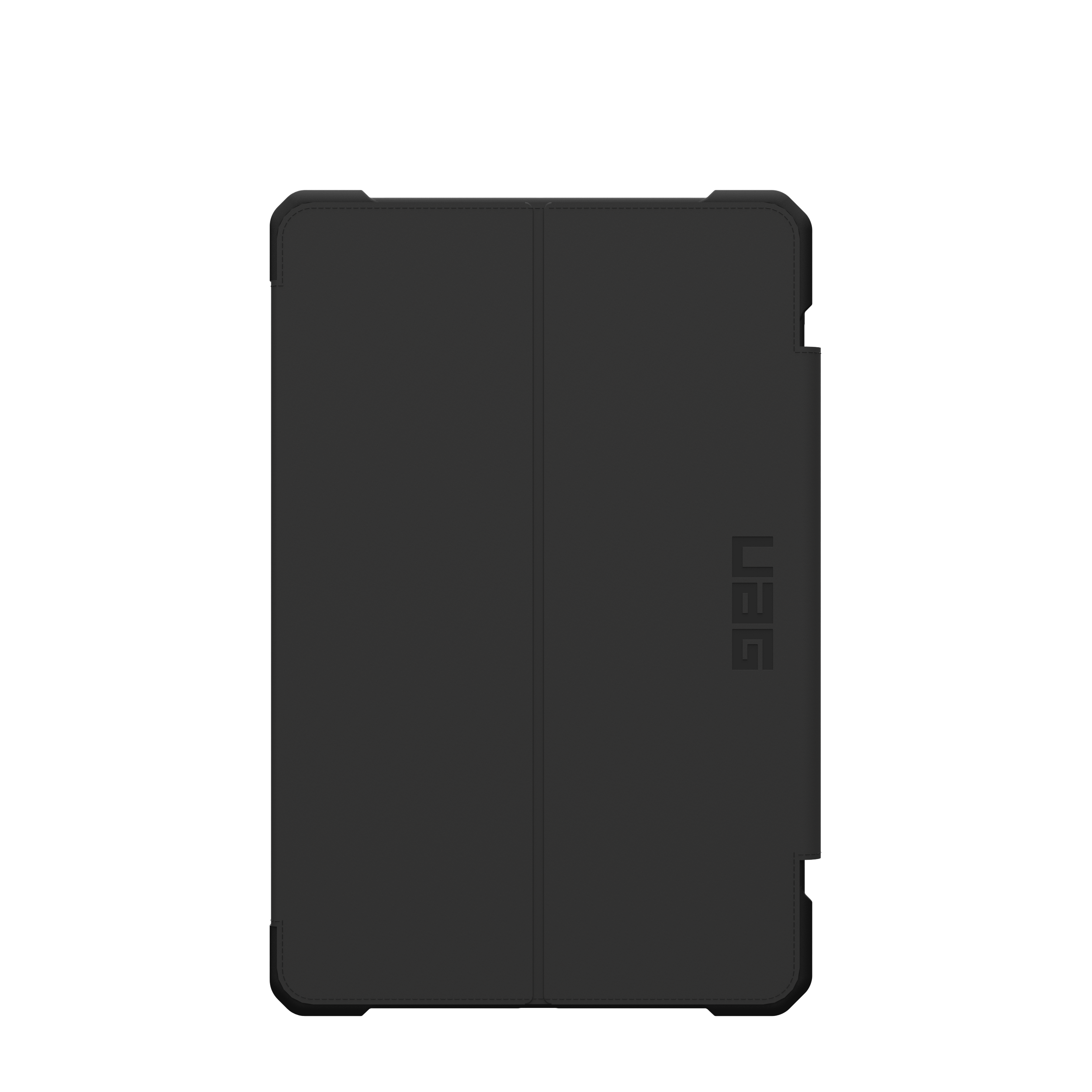 Una custodia nera per tablet, chiusa. Il logo UAG è visibile sul lato destro.