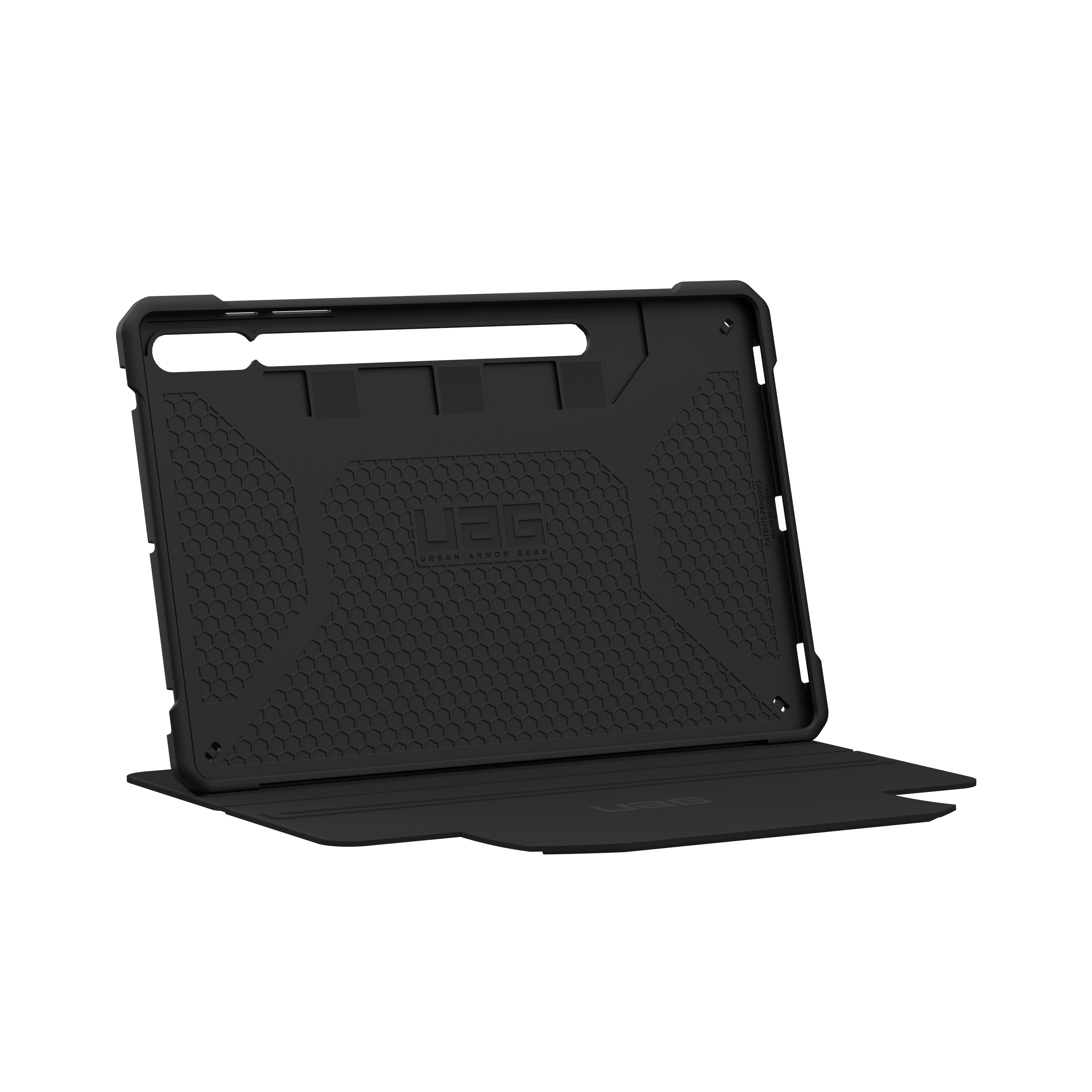 Custodia per tablet nera, aperta, che mostra l'interno con texture. Etichetta UAG.