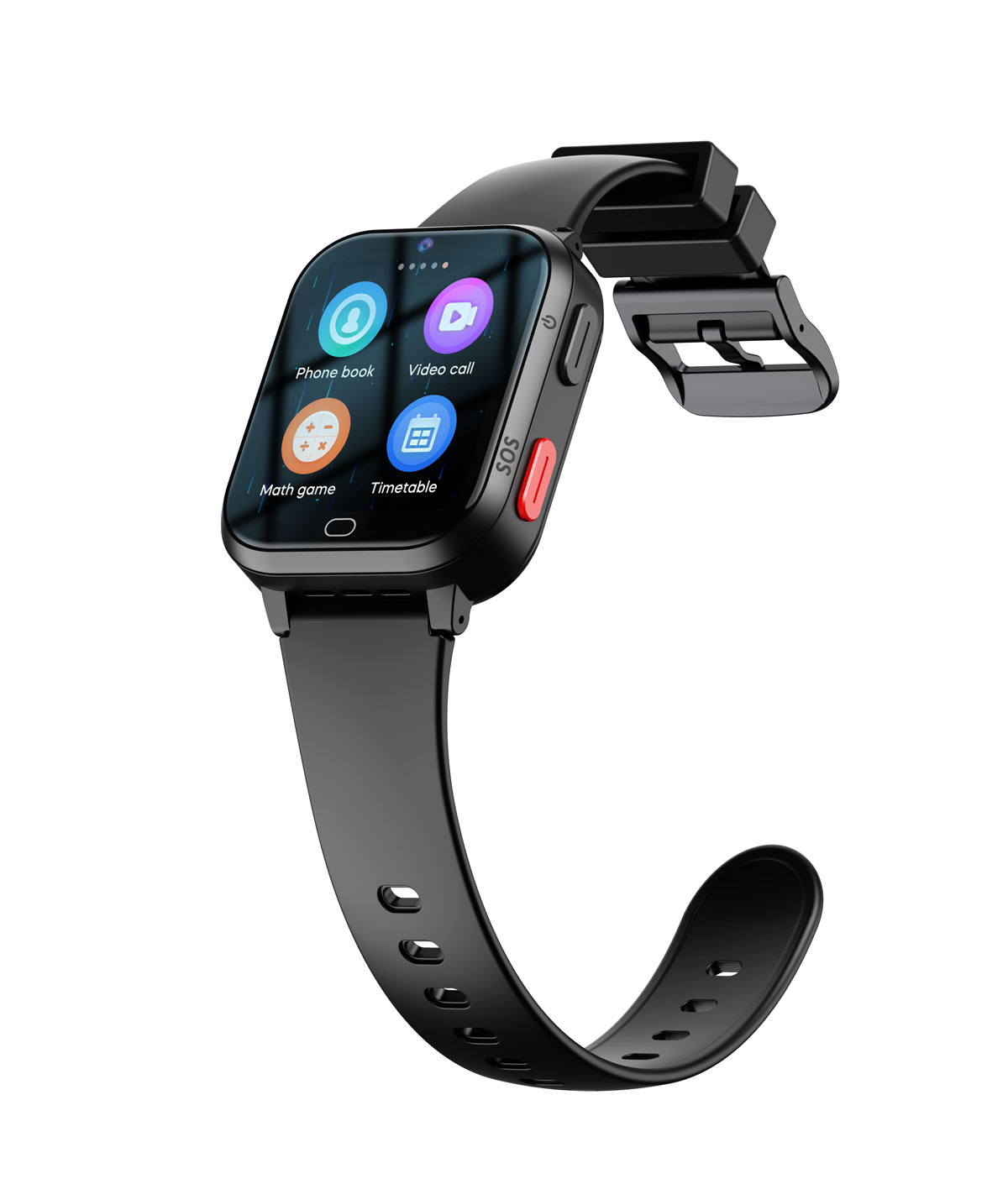 Schwarze Smartwatch mit Touchscreen-Display, das App-Symbole und ein schwarzes Armband zeigt.