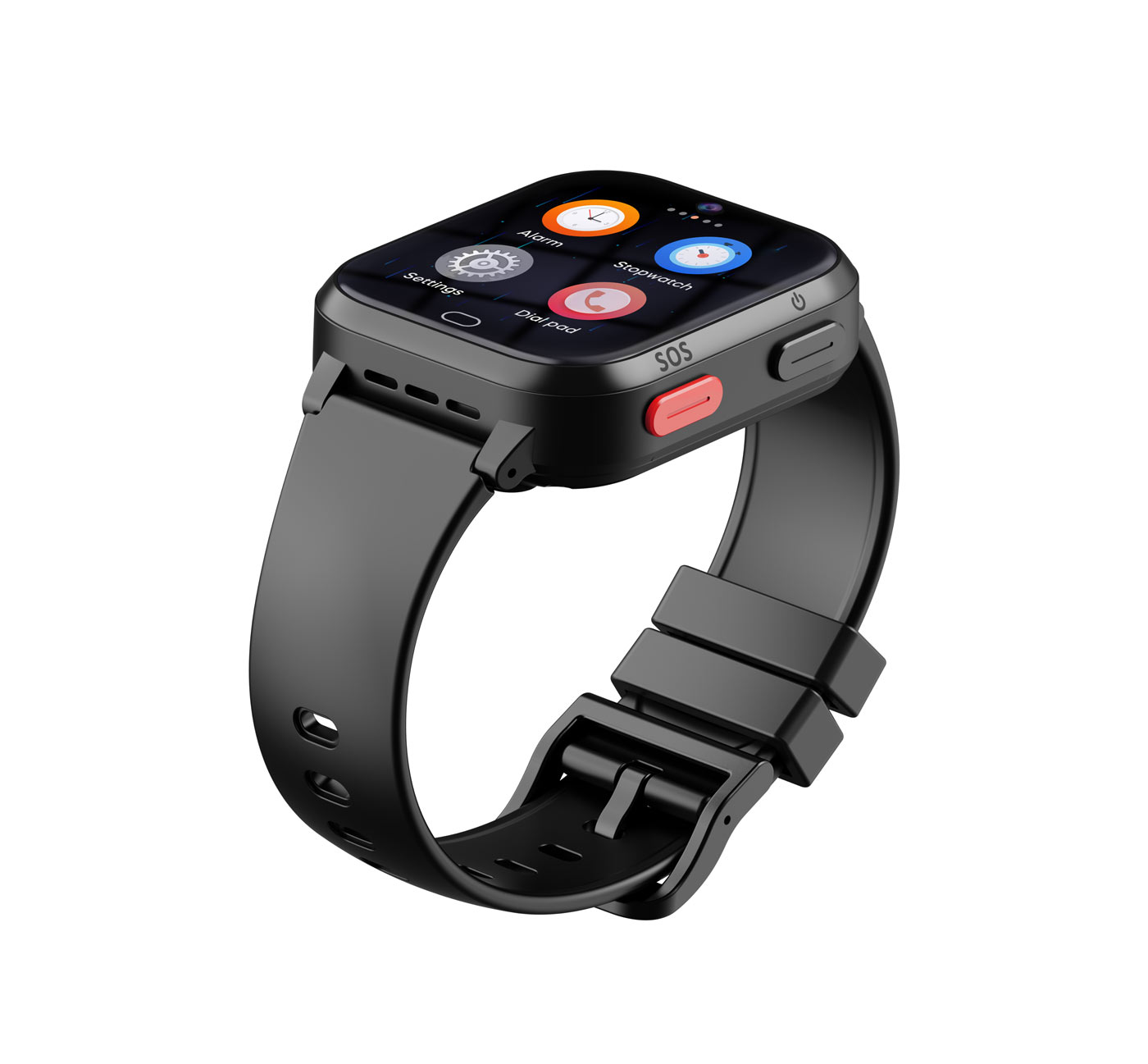 Schwarze Smartwatch mit schwarzem Armband. Weißer Hintergrund.