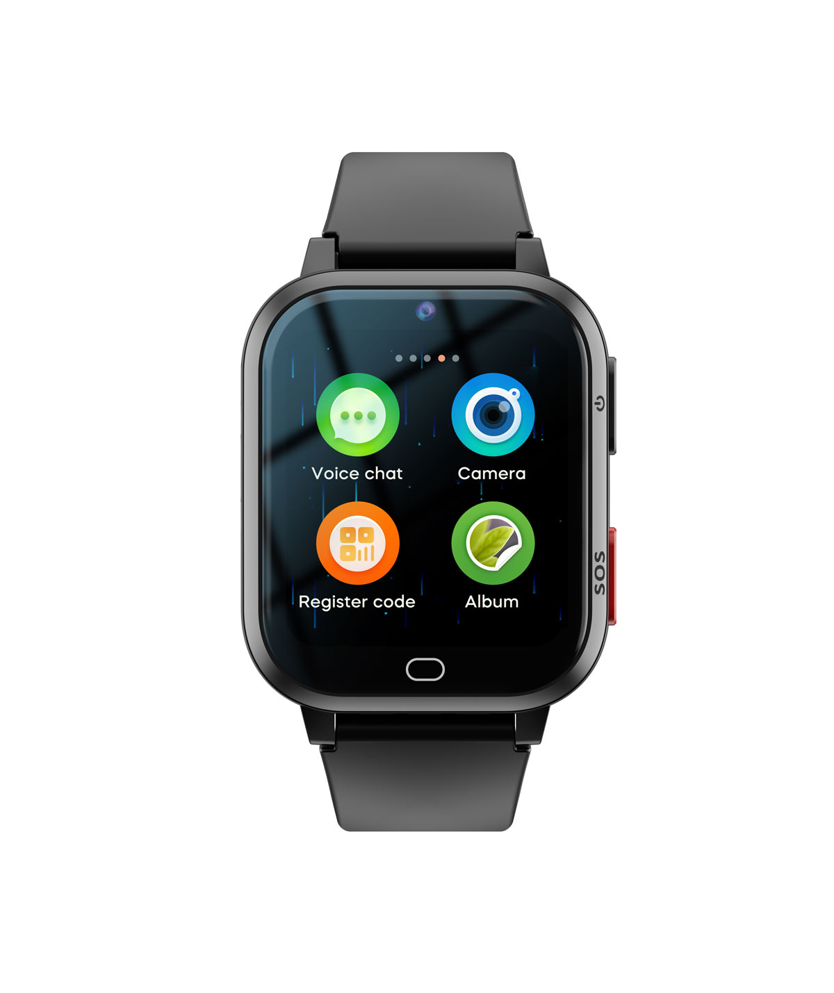 Schwarze Smartwatch mit rechteckigem Bildschirm, der App-Symbole anzeigt. Die Uhr hat ein schwarzes Armband.