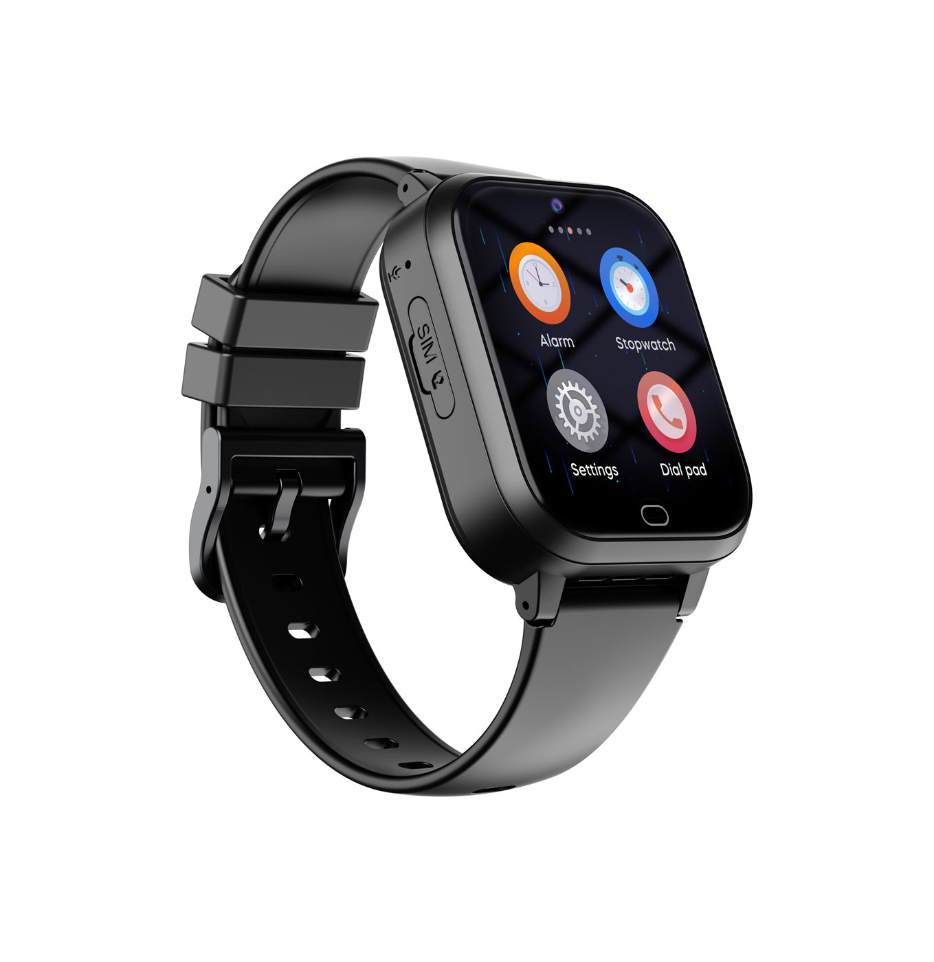Schwarze Smartwatch mit schwarzem Armband. Das Zifferblatt zeigt Symbole für Alarm, Stoppuhr, Einstellungen.