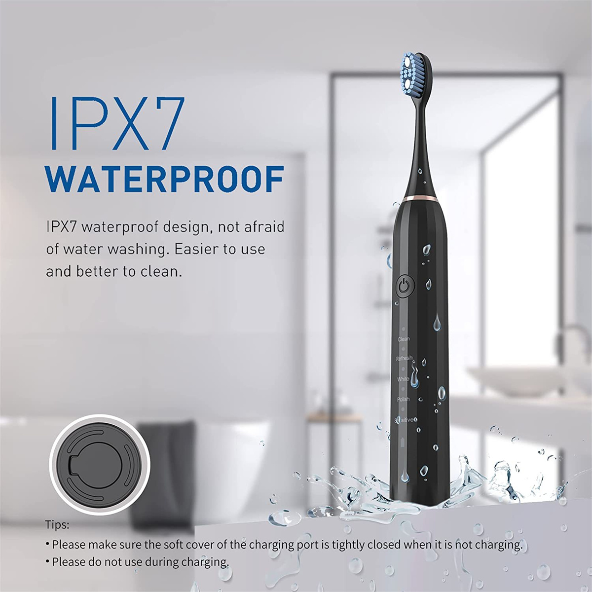 Schwarze elektrische Zahnbürste mit blauen Borsten. Der Text lautet IPX7 wasserdicht.