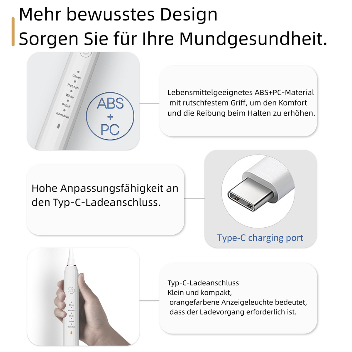 Diagramm einer weißen elektrischen Zahnbürste mit Ladeanschluss und Funktionen.