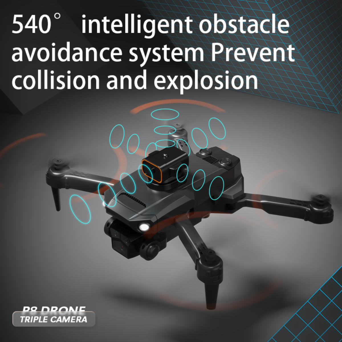 Schwarze Drohne mit mehreren Kameras und Text: '540° intelligente Hindernisvermeidung'.