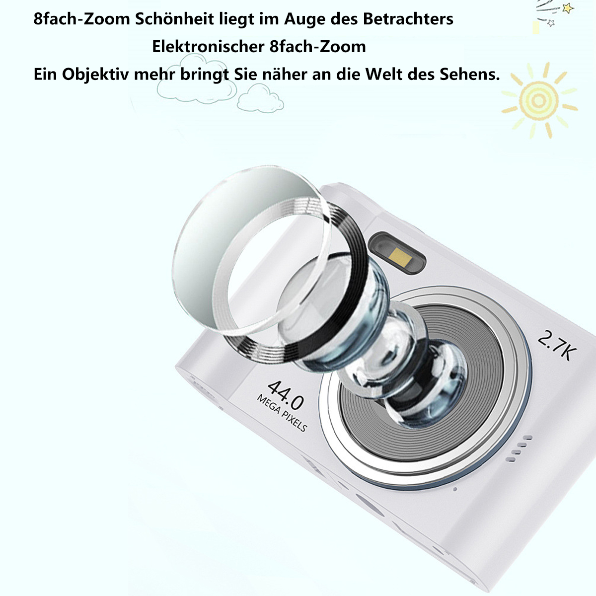 Weiße Kamera mit Linsendetail, Text 2.7K und 44.0 MEGA PIXEL. Sonne und Sterne Grafik.
