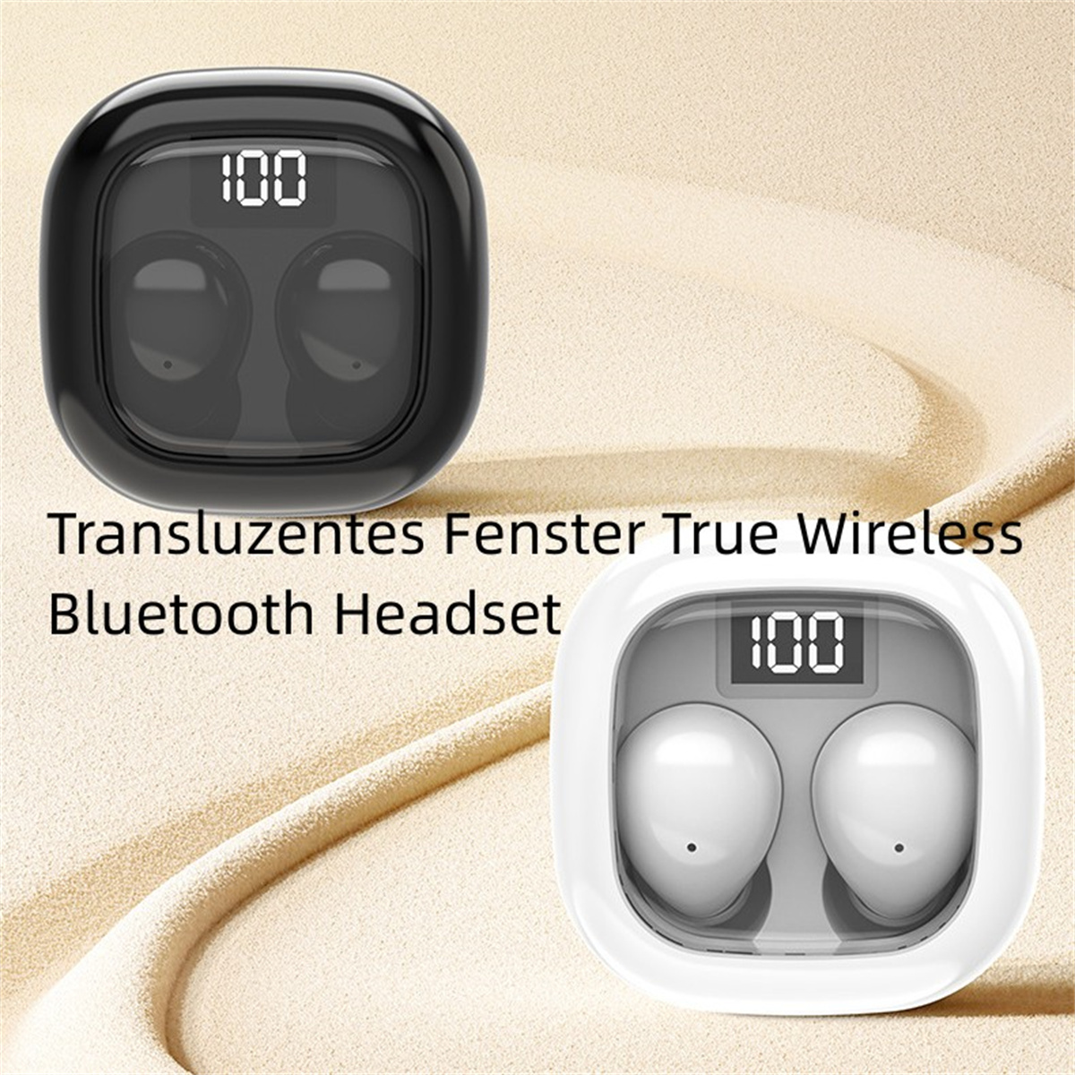 Zwei kabellose Ohrhörer in Ladehüllen. Einer schwarz, einer weiß, beide zeigen 100 an. Text: True Wireless Bluetooth Headset.