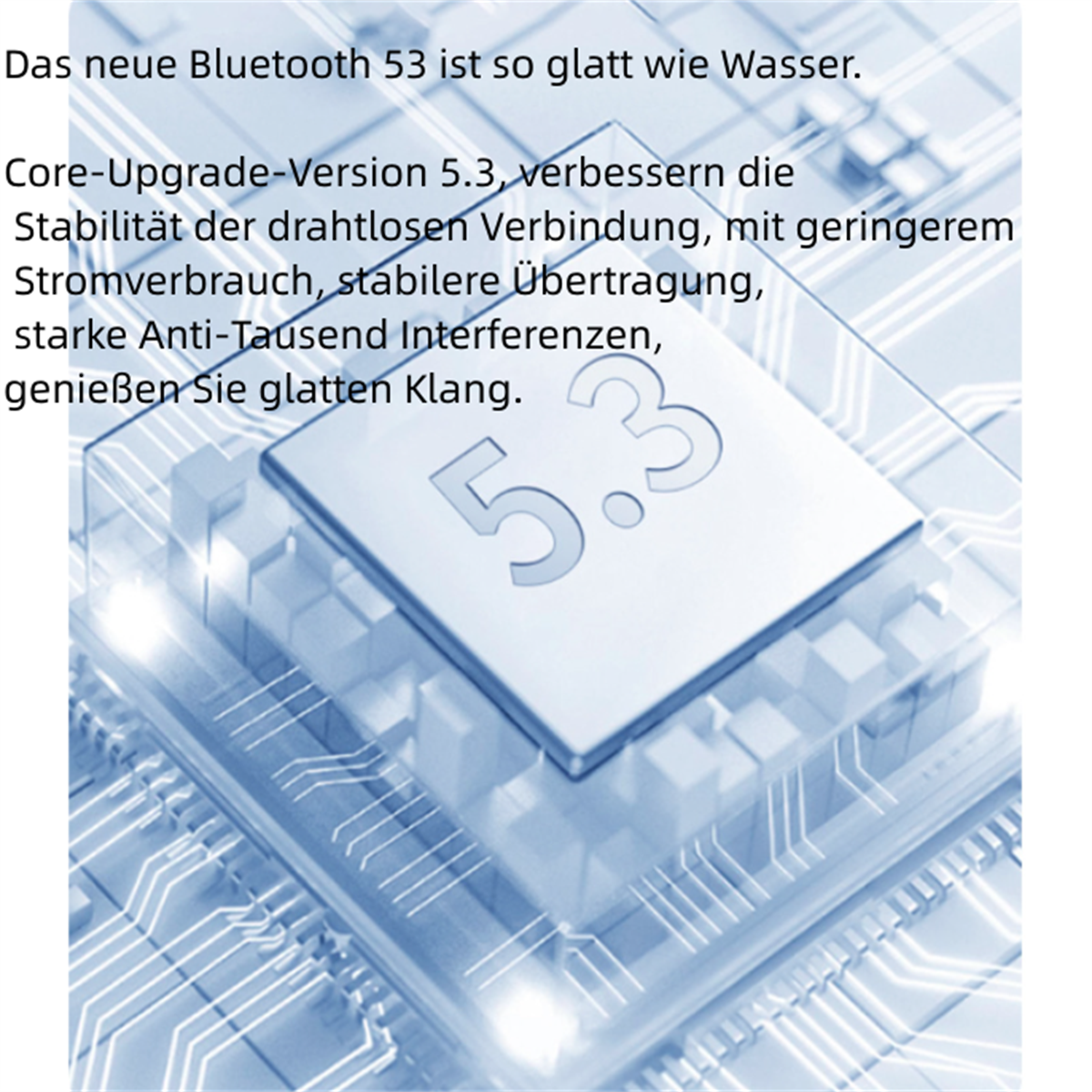 Nahaufnahme eines Chips mit der Aufschrift 5.3. Text auf Deutsch ist im Bild vorhanden. Blauer Hintergrund.