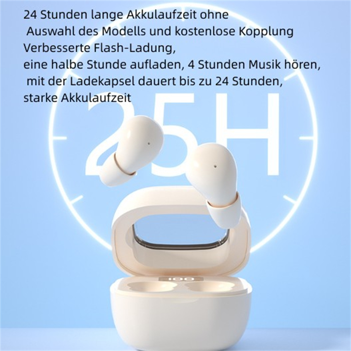 Weiße kabellose Ohrhörer in einem Ladeetui mit 25H Akkuanzeige.