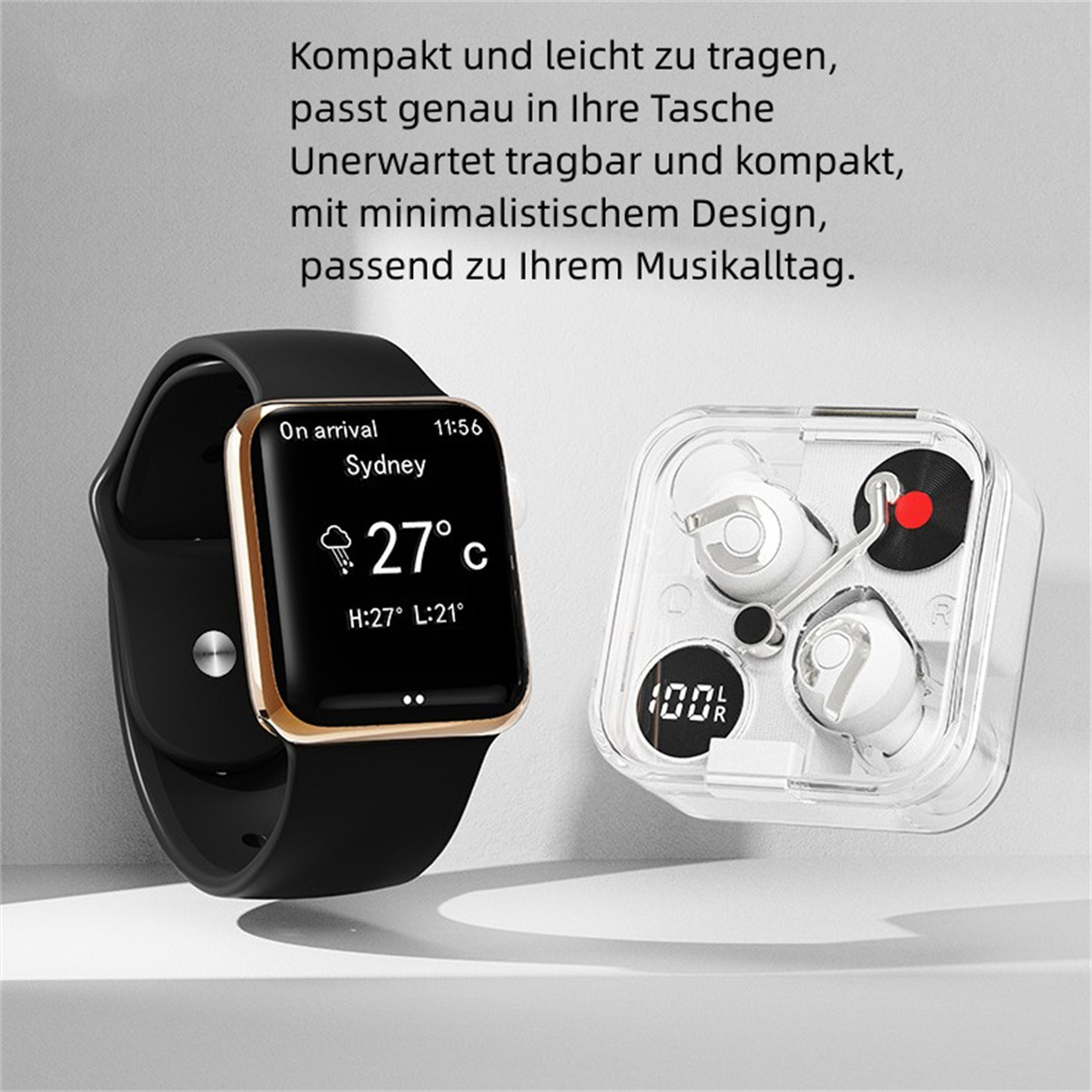 Smartwatch mit schwarzem Armband, zeigt Uhrzeit, Temperatur und ein Paar weißer kabelloser Ohrhörer.