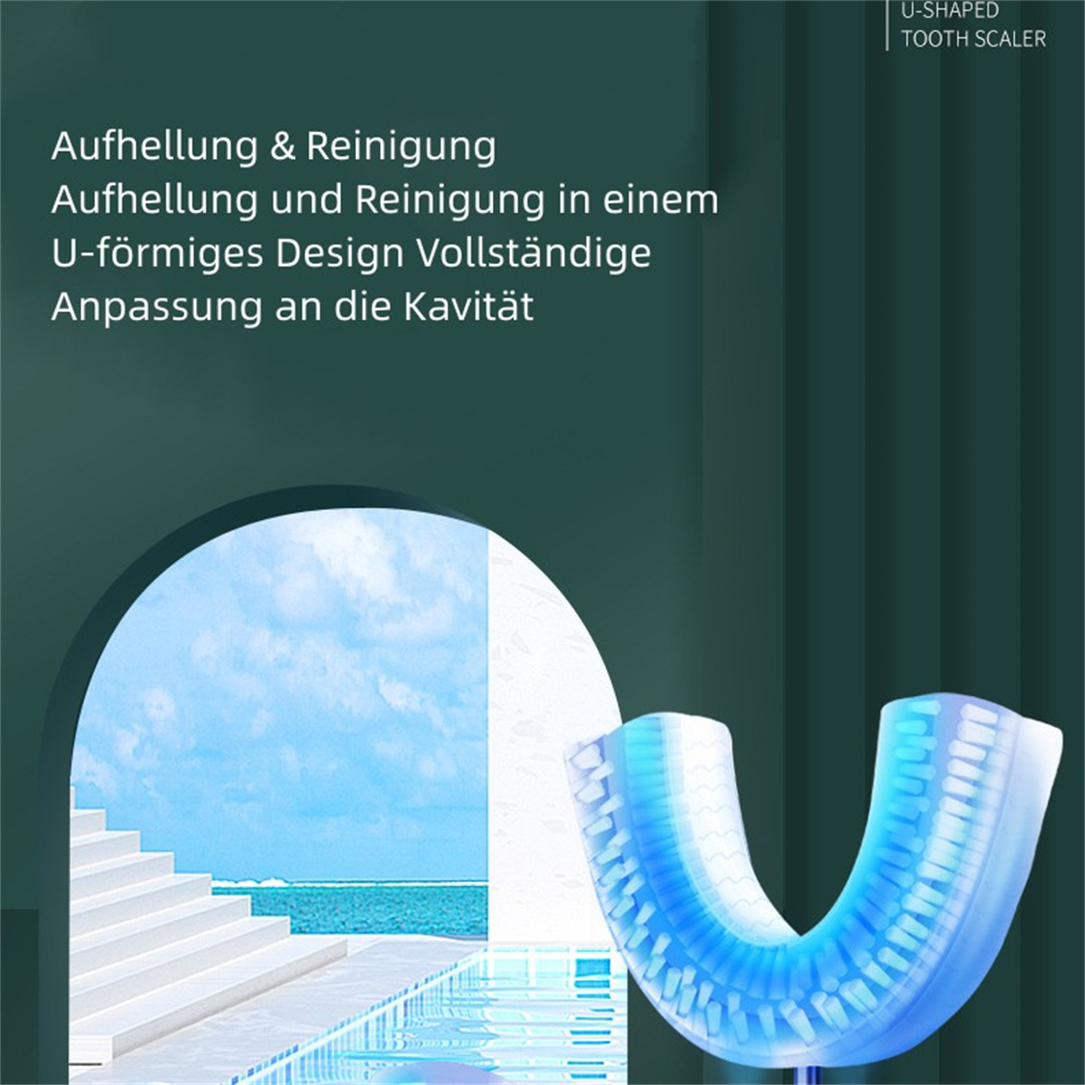 Eine U-förmige Zahnbürste mit weißen und blauen Elementen und Text über Aufhellung und Reinigung.