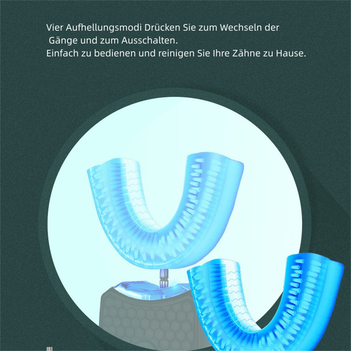 Zwei blaue Mundschützer und eine Ladestation mit deutschem Text.