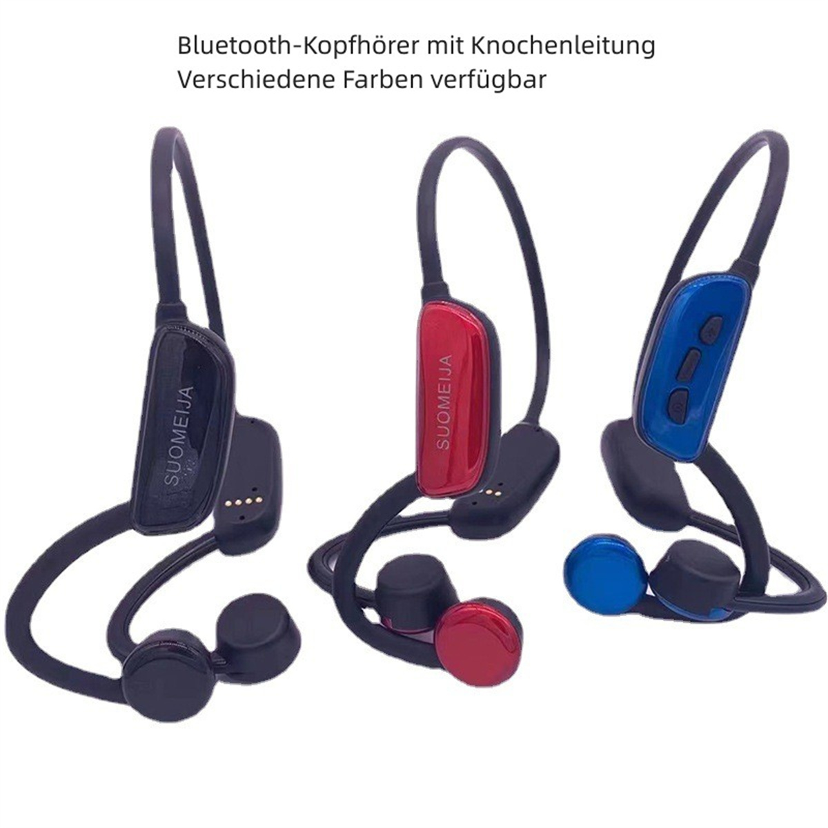 Drei Knochenleitungskopfhörer. Schwarz, rot und blau. Text auf Deutsch.