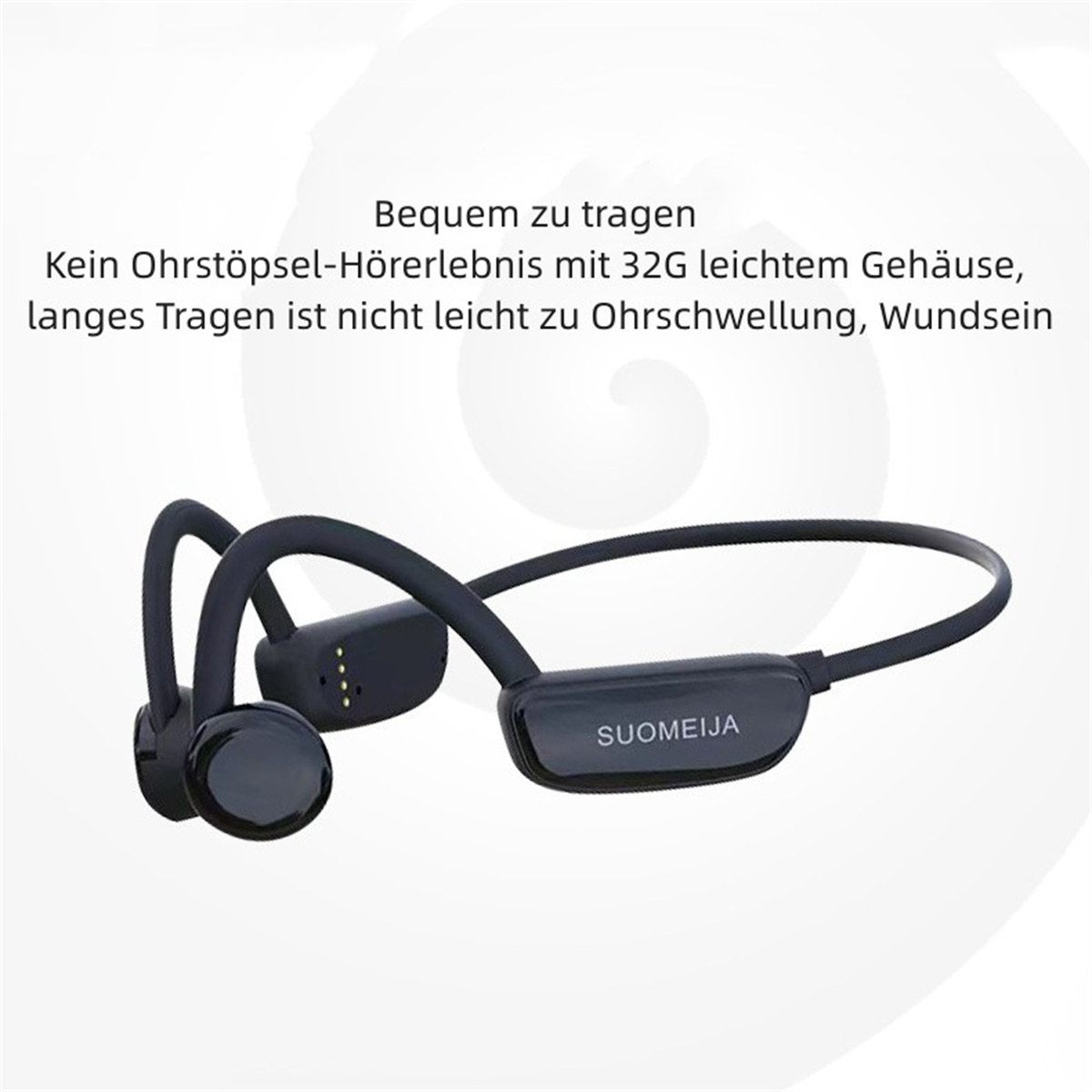Schwarze Knochenschallkopfhörer. Text auf Deutsch. Weißer Hintergrund.
