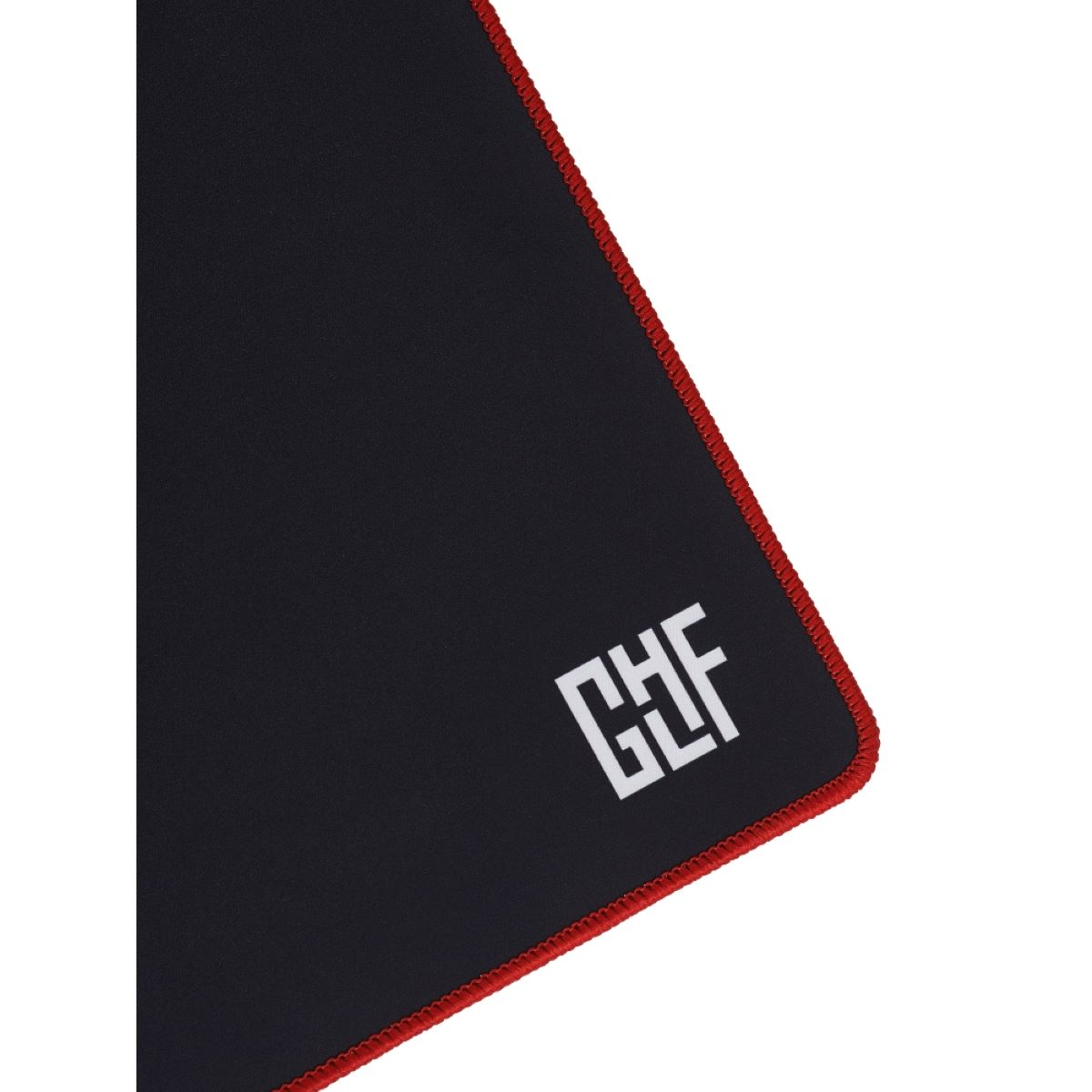 Tappetino per mouse nero con bordo rosso e logo bianco.