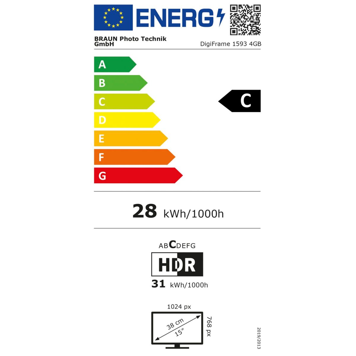 Etiqueta energética para un marco de fotos digital. Muestra la clasificación de eficiencia energética y detalles de consumo.