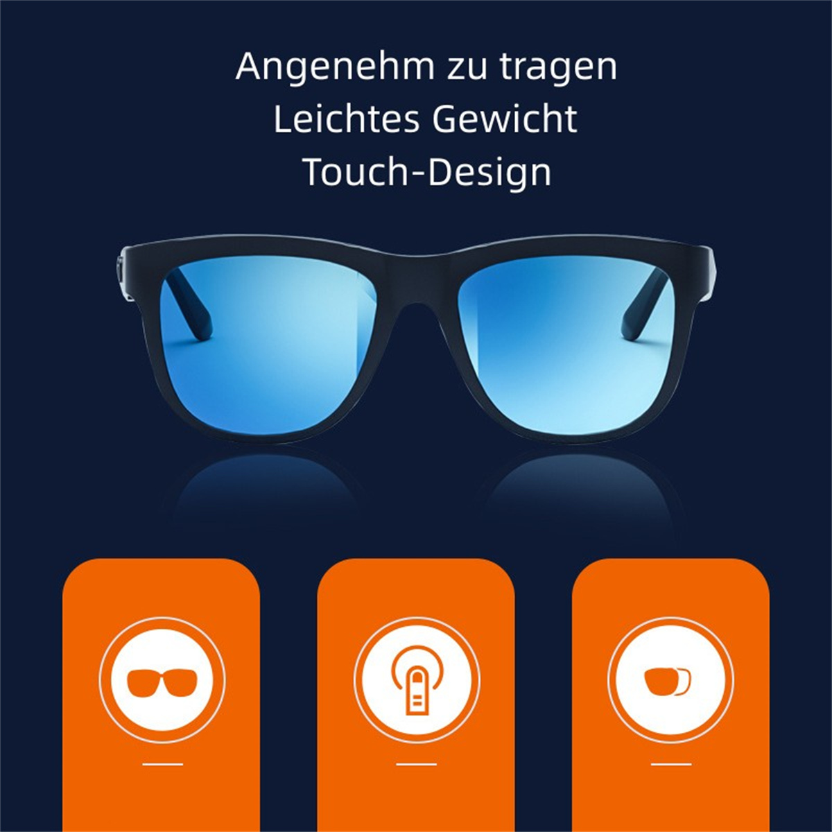 Sonnenbrille mit blauen Gläsern. Text: Angenehm zu tragen, Leichtes Gewicht, Touch-Design.