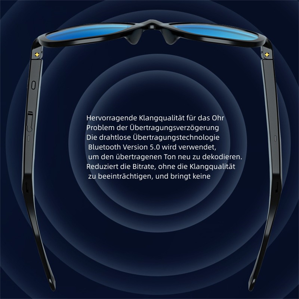 Schwarze Brille mit blauen Gläsern und Text auf Deutsch.