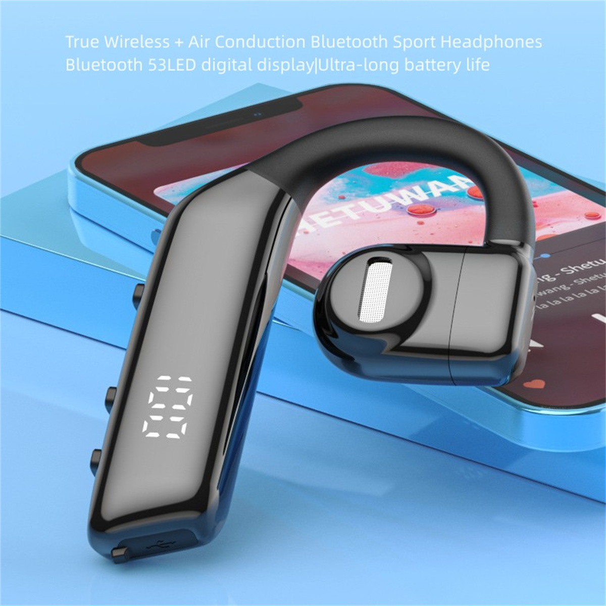 Schwarzes und graues Bluetooth-Headset mit digitalem Display und Telefon.