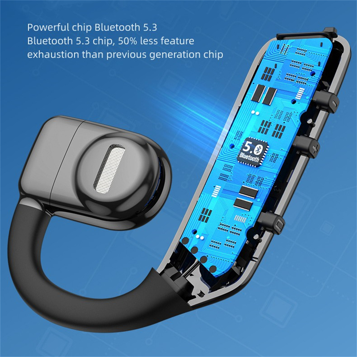 Ohrhörer mit sichtbarer Platine und Bluetooth 5.3 Chip auf blauem Farbverlauf.