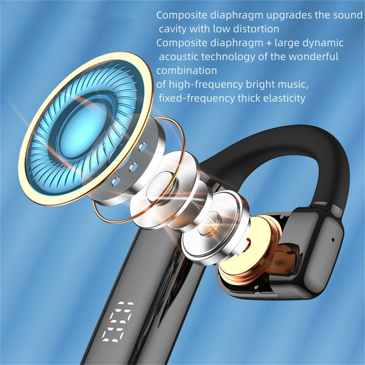 Headset mit detaillierten internen Komponenten und einer Digitalanzeige, die Zahlen anzeigt.