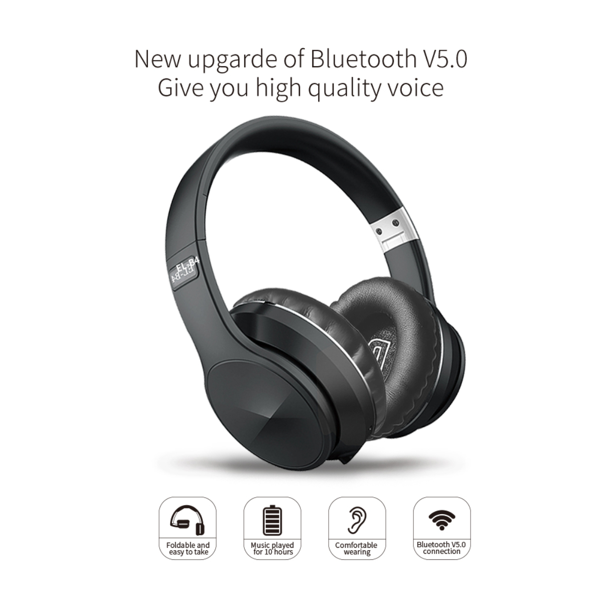 Schwarzer Kopfhörer auf weißem Hintergrund. Text beschreibt Bluetooth 5.0, faltbar, lange Akkulaufzeit.