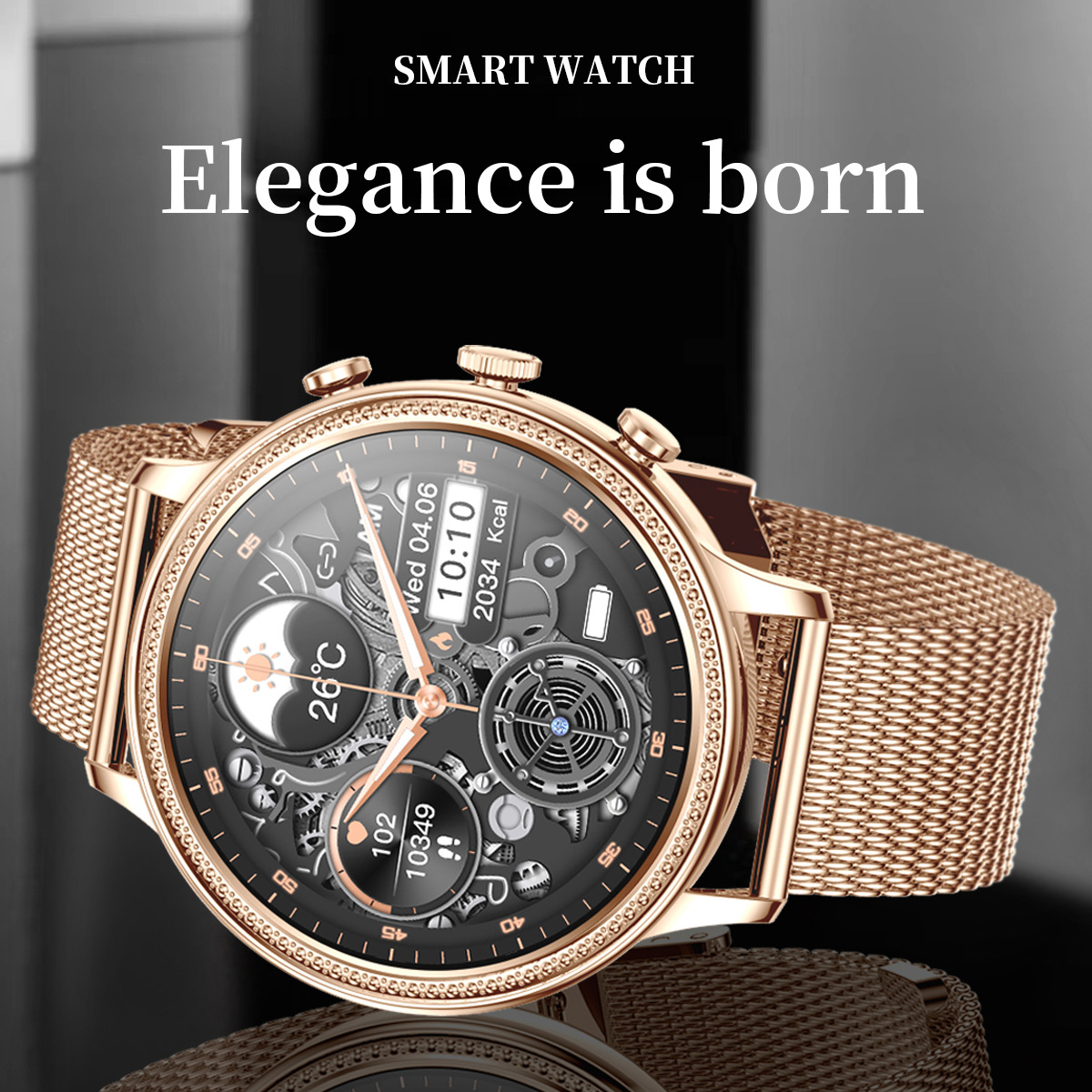 Goldene Smartwatch. Schwarzes Zifferblatt mit Zeit, Temperatur und Symbolen. Goldenes Mesh-Armband.