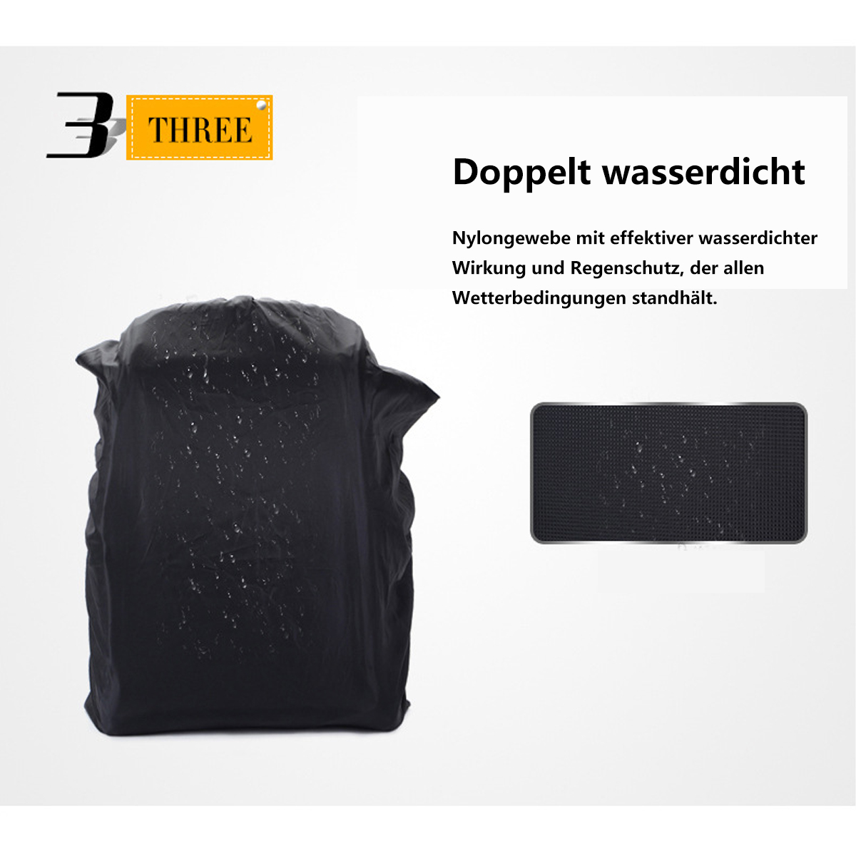 Una funda de mochila impermeable negra y un primer plano de la tela impermeable. El texto dice 'Doble impermeable'.