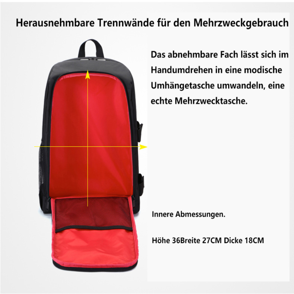Interior de mochila negra con forro rojo. Texto indica dimensiones y características.