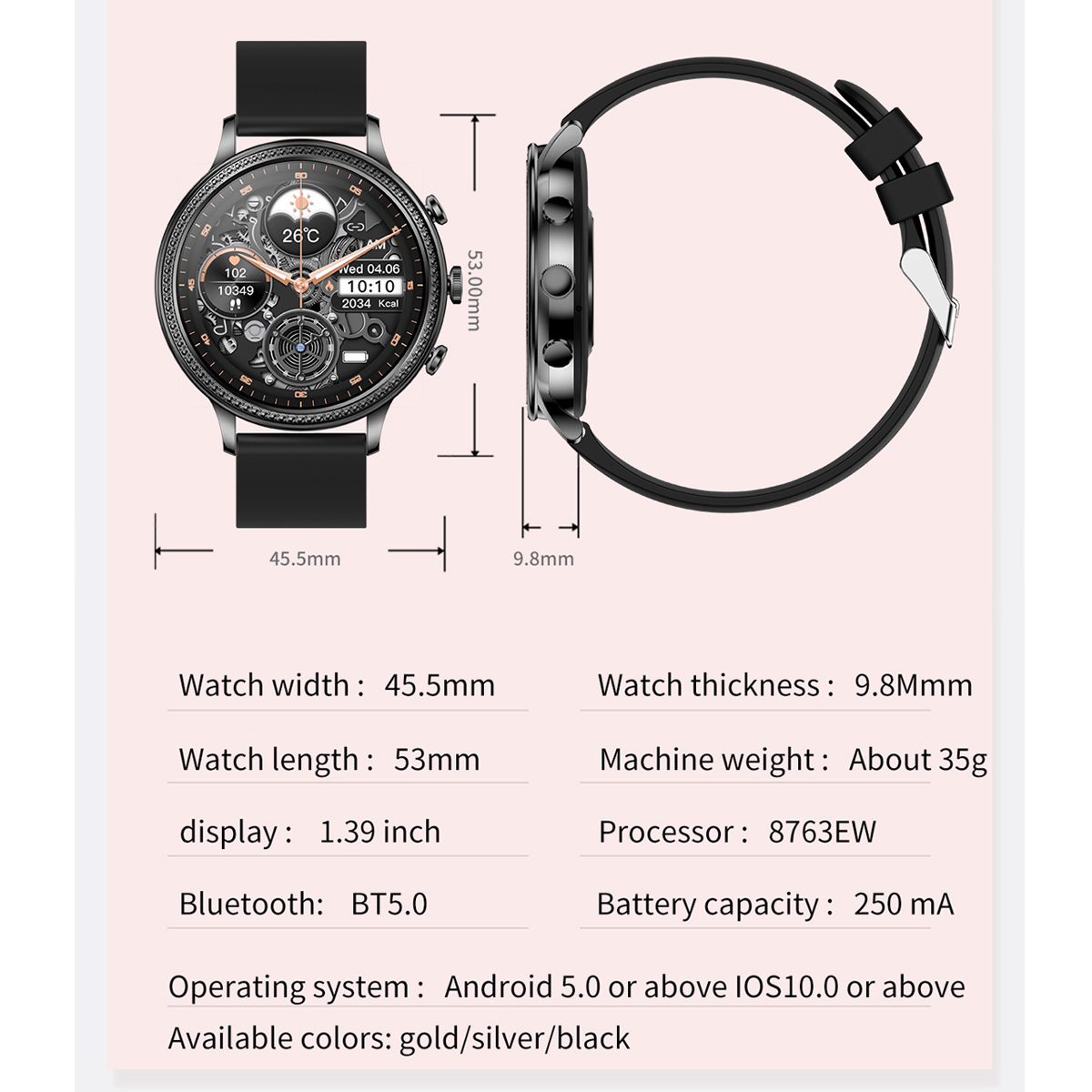 Bild zeigt eine Smartwatch, die Zeit- und Gesundheitsmetriken anzeigt. Inklusive Abmessungen und Spezifikationen.