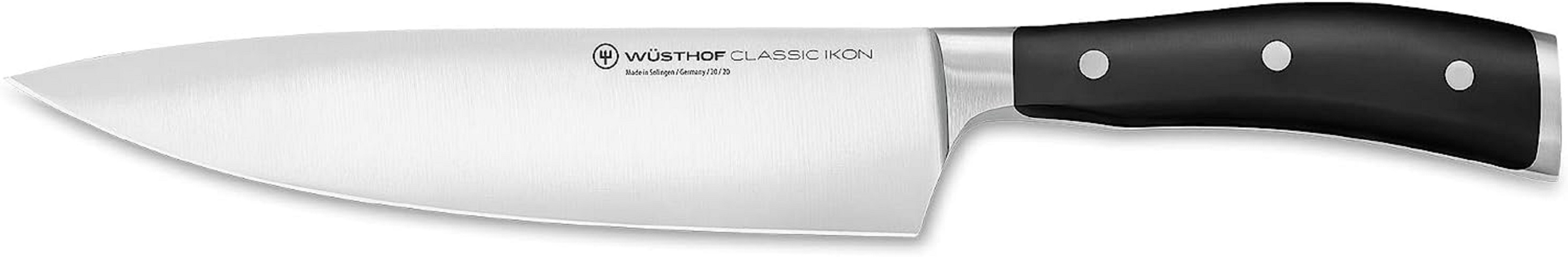 Ein Edelstahl-Kochmesser mit schwarzem Griff. Die Klinge trägt den Text 'WÜSTHOF CLASSIC IKON'.