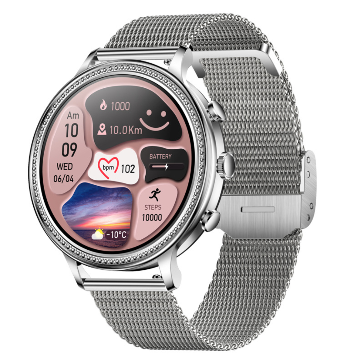 SYNTEK Zoll Überwachung 1,39 Schlaf Bluetooth Stahlband, Smart Bildschirm Sportuhr Herzfrequenz Watch Smartwatch Blutdruck Talk Silber