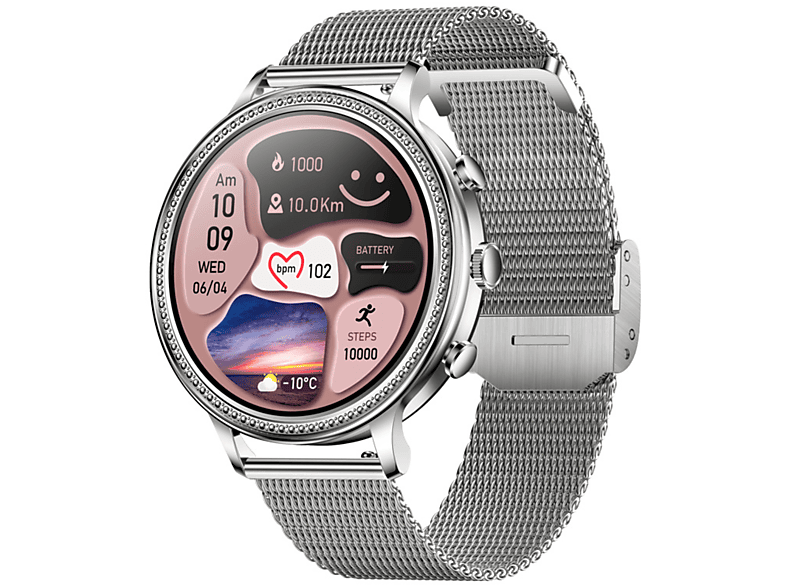 SYNTEK Smart Stahlband, Herzfrequenz Bluetooth Sportuhr Smartwatch Blutdruck Watch Überwachung Zoll Silber 1,39 Talk Bildschirm Schlaf
